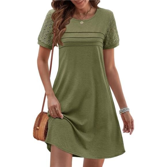 Dresses & Skirts - Women's Summer Short Lace Sleeve T Shirt Dress Casual Crew Neck